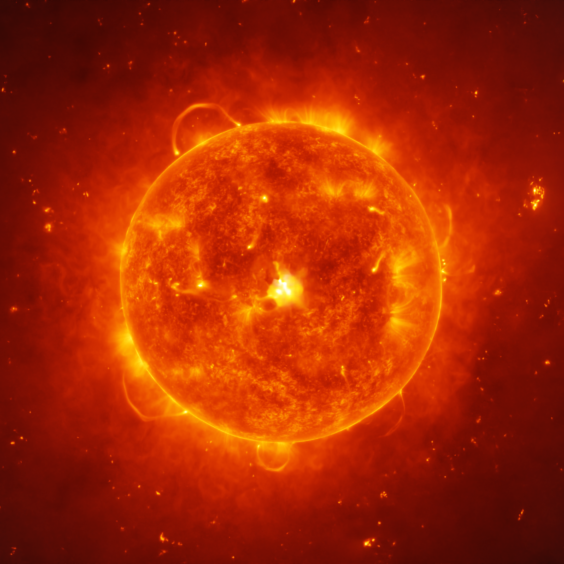 Sun at the center of the screen covered with solar flares and surrounded by dotted sparks of light and an eluminated atmosphere